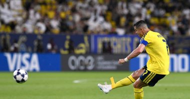 Al Nassr's Cristiano Ronaldo shoots at goal during the AFC Champions League Elite match against Neftchi Fergana at Al Awwal Park, Riyadh, Saudi Arabia, Oct. 12, 2026. (Reuters Photo)