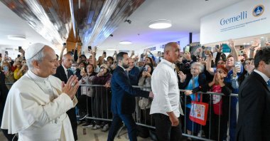 Pope Leo XIV arrives at Rome's Gemelli University Hospital ahead of an operation to remove a lump from his lung, Oct. 13, 2026. (Vatican Media Handout via AFP) 