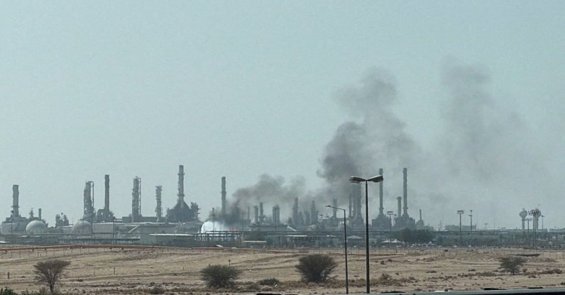 Smoke rises from a fire at the Aramco refinery south of Riyadh, Saudi Arabia, Oct.3, 2026. (Reuters File Photo)