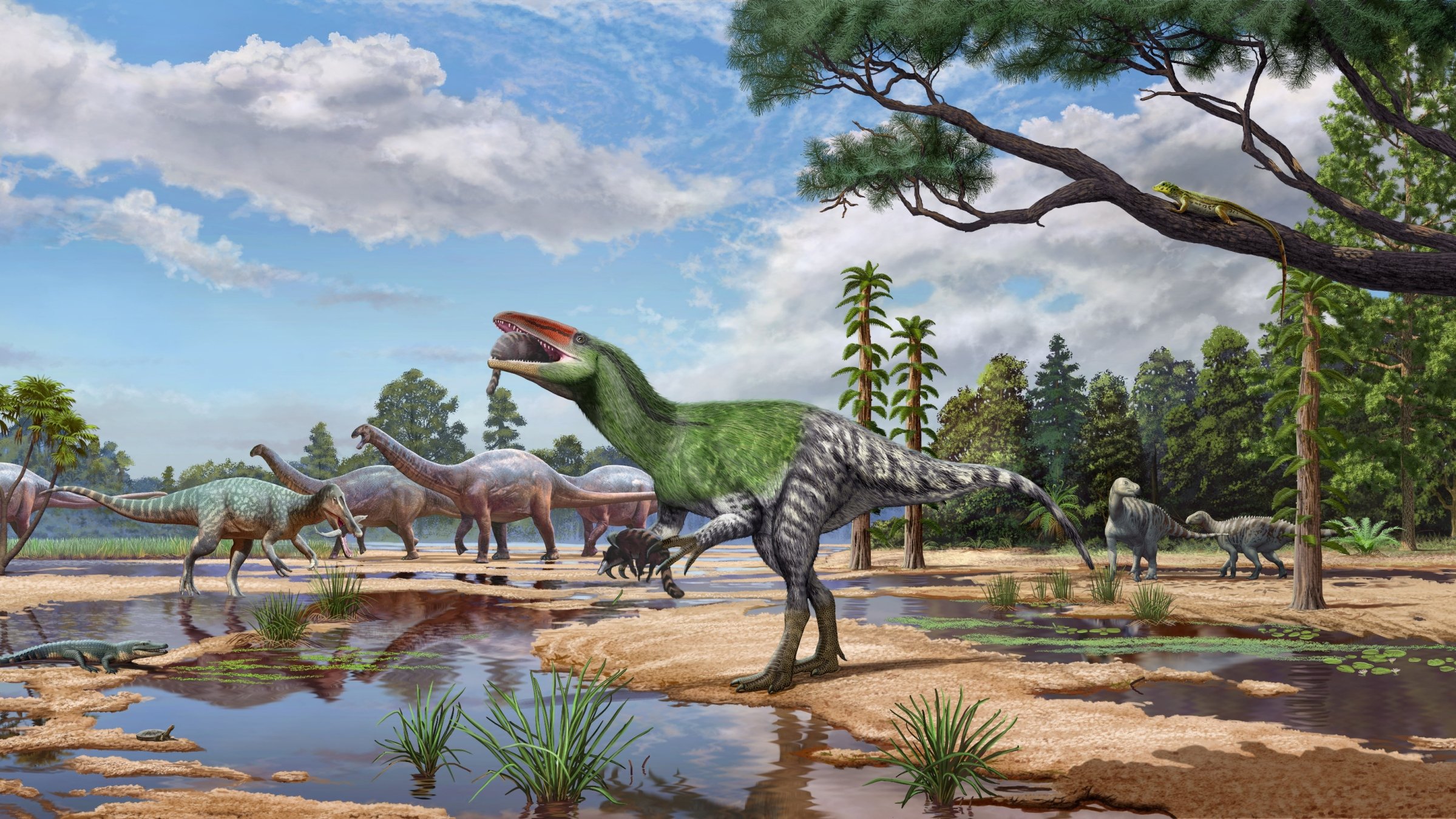 An illustration of the meat-eating dinosaur Invictibellatrix amberina feeding on a mammal while grasping another in its ecosystem alongside other dinosaurs and other kinds of animals on the Isle of Wight, U.K., in an image released Oct. 13, 2026. (Reuters Photo)