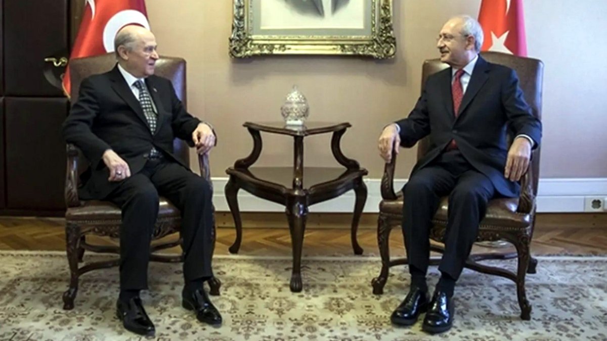 MHP leader Devlet Bahçeli (L) hosts CHP Chair Kemal Kılıçdaroğlu at his office at Parliament, Ankara, Türkiye, Oct. 13, 2026. (Photo by Ali Ekeyılmaz)
