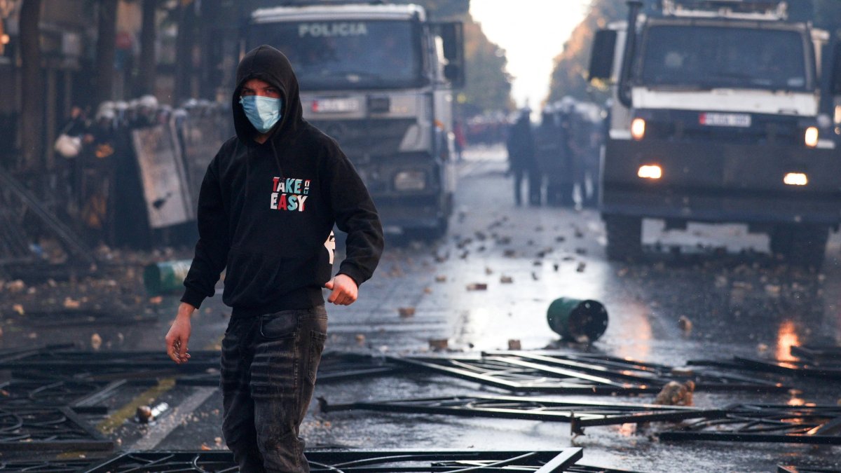 A protestor stands as Albanian students hold an anti-government protest in Tirana, Albania, Oct. 13, 2026. (Reuters Photo)