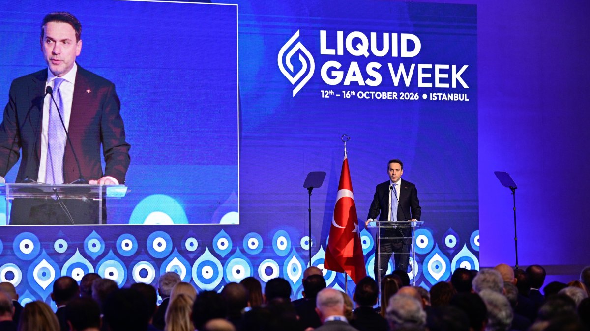 Energy and Natural Resources Minister Alparslan Bayraktar speaks during the opening of Liquid Gas Week 2026, Istanbul, Türkiye, Oct. 14, 2026. (AA Photo)