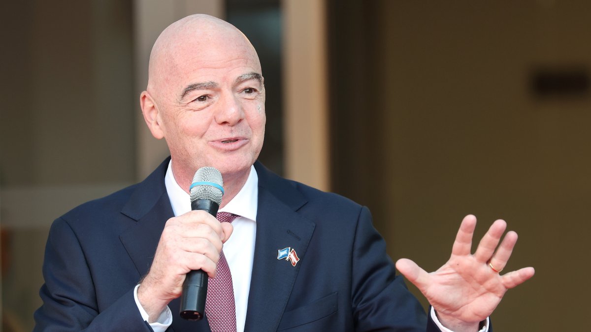 FIFA President Gianni Infantino speaks during the opening of new offices at the Latvian Football Association, Riga, Latvia, Sept. 28, 2026. (EPA Photo)