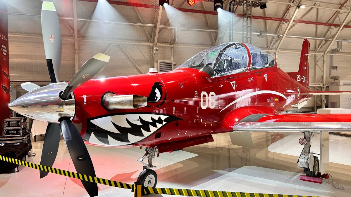 A Hürkuş-II trainer aircraft is seen at the Turkish Aerospace Industries facility in Ankara, Türkiye, Sept. 28, 2026. (AA Photo)