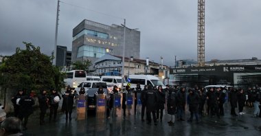 Riot police guard the building of Halk TV, Istanbul, Türkiye, Oct. 14, 2026. (IHA Photo)
