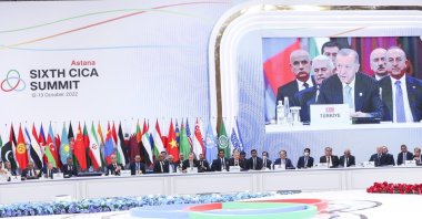President Recep Tayyip Erdoğan speaks at the summit of the Conference on Interaction and Confidence Building Measures in Asia (CICA), Astana, Kazakhstan, Oct. 13, 2022. (AA Photo)