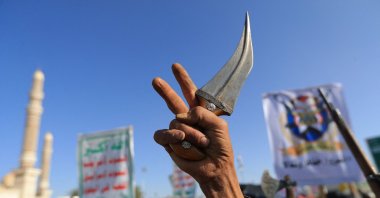 Supporters of the Houthis gather during a protest against Saudi Arabia, Sanaa, Yemen, Oct. 9, 2026. (AFP Photo)