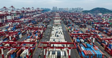 Containers are seen at the port in Qingdao, China, Sept. 21, 2026. (AFP Photo)
