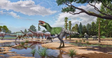 An illustration of the meat-eating dinosaur Invictibellatrix amberina feeding on a mammal while grasping another in its ecosystem alongside other dinosaurs and other kinds of animals on the Isle of Wight, U.K., in an image released Oct. 13, 2026. (Reuters Photo)