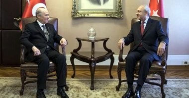 MHP leader Devlet Bahçeli (L) hosts CHP Chair Kemal Kılıçdaroğlu at his office at Parliament, Ankara, Türkiye, Oct. 13, 2026. (Photo by Ali Ekeyılmaz)