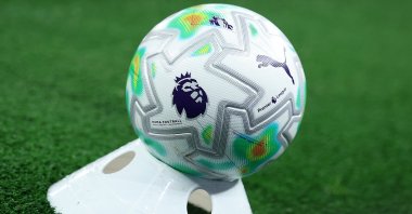 A Premier League match ball is shown during the Premier League match between Tottenham Hotspur and Crystal Palace at Tottenham Hotspur Stadium, London, U.K., March 5, 2026. (Getty Images Photo)