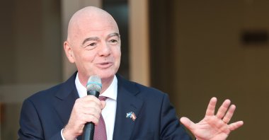 FIFA President Gianni Infantino speaks during the opening of new offices at the Latvian Football Association, Riga, Latvia, Sept. 28, 2026. (EPA Photo)