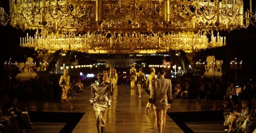 Models walk the runway during the Saint Laurent Womenswear Spring/Summer 2027 show as part of Paris Fashion Week, Paris, France, Sept. 29, 2026. (Getty Images Photo)