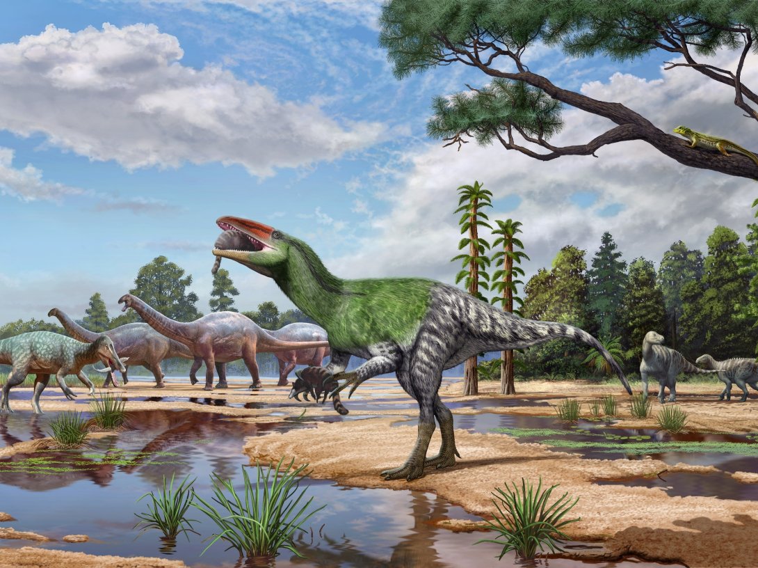 An illustration of the meat-eating dinosaur Invictibellatrix amberina feeding on a mammal while grasping another in its ecosystem alongside other dinosaurs and other kinds of animals on the Isle of Wight, U.K., in an image released Oct. 13, 2026. (Reuters Photo)