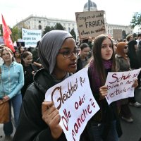 Young protesters take part in a demonstration against a headscarf ban in schools, on October 9, 2026 in Vienna, Austria. (AFP Photo)