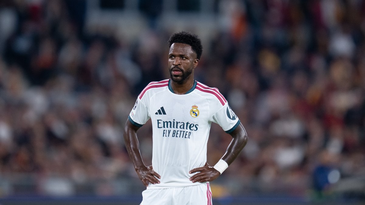 Real Madrid's Vinicius Junior looks on during the UEFA Champions League League Phase match against Roma at Stadio Olimpico, Rome, Italy, Oct. 14, 2026. (Getty Images Photo)