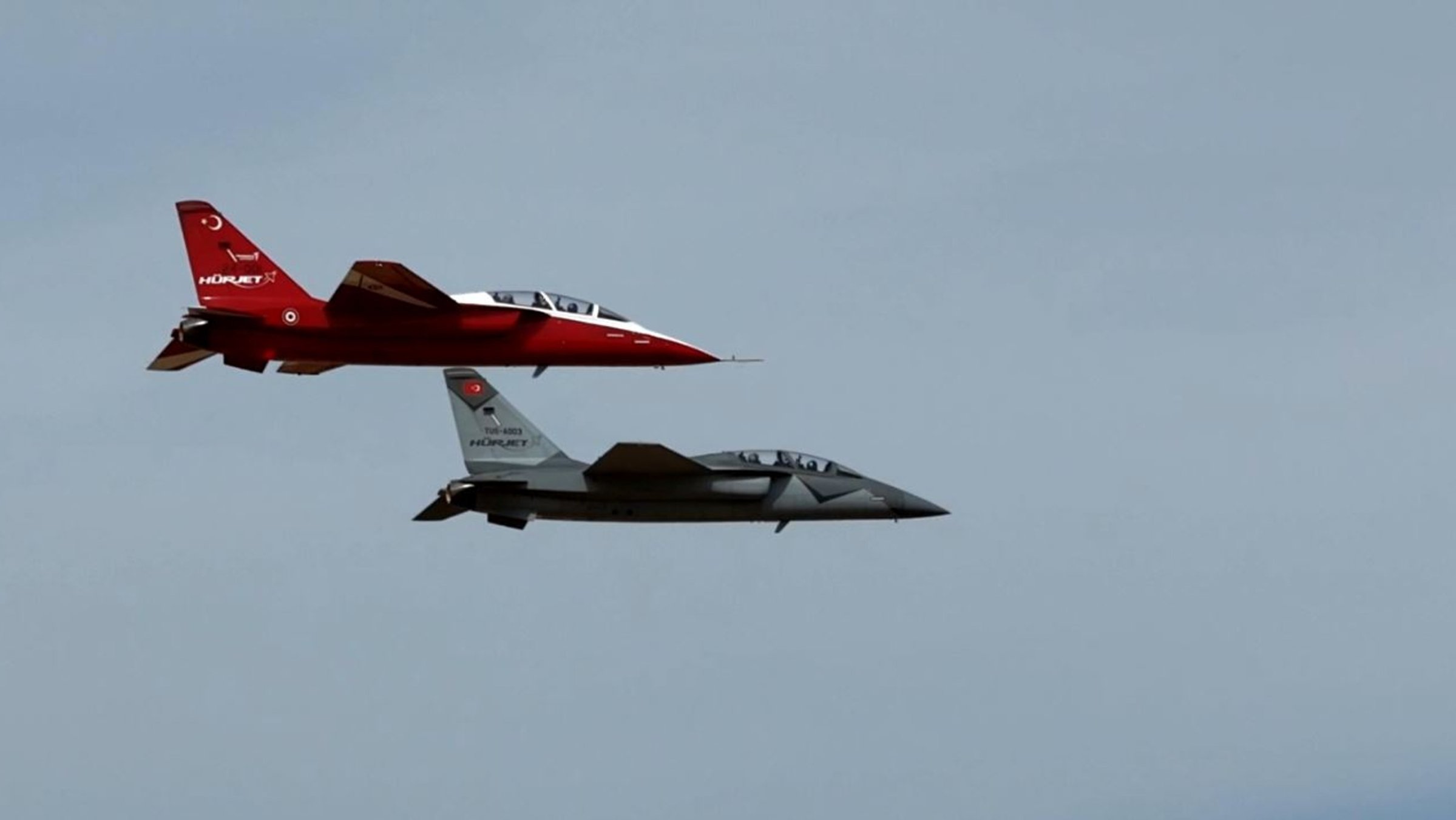 Hürjet aircraft produced by Turkish Aerospace Industries (TAI) is seen airborne at an undisclosed location in this photo shared on Sept. 16, 2026. (DHA Photo)