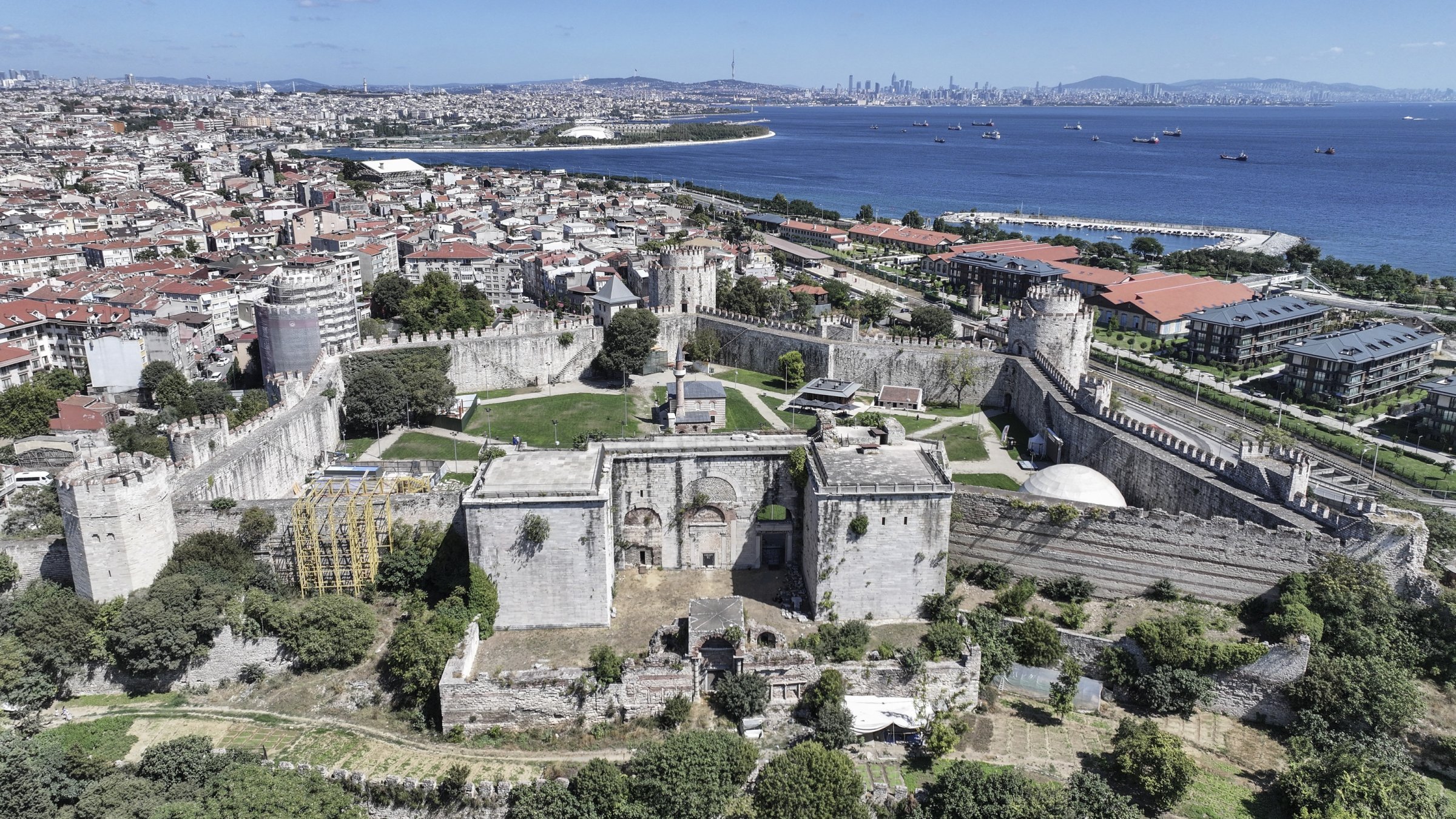 An aerial view of the Yedikule Fortress and the Golden Gate, a nearly 1,600-year-old monumental gateway within Istanbul’s historic land walls, Istanbul, Türkiye, Oct. 12, 2026. (AA Photo)