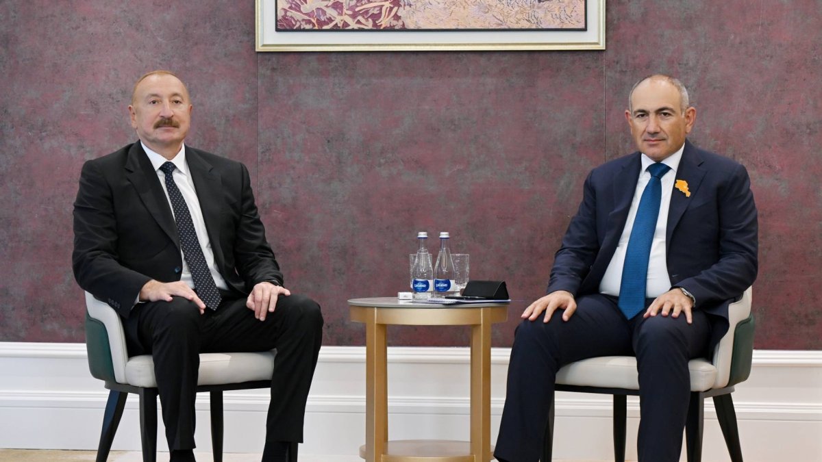 Azerbaijani President Ilham Aliyev speaks with Armenian Prime Minister Nikol Pashinyan on the sidelines of the Shanghai Cooperation Organization Summit, Bishkek, Kyrgyzstan, Aug. 31, 2026. (AP Photo)