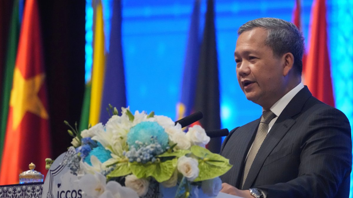 Cambodian Prime Minister Hun Manet delivers a speech at the opening of an international conference, Phnom Penh, Cambodia, Sept. 23, 2026. (AP Photo)