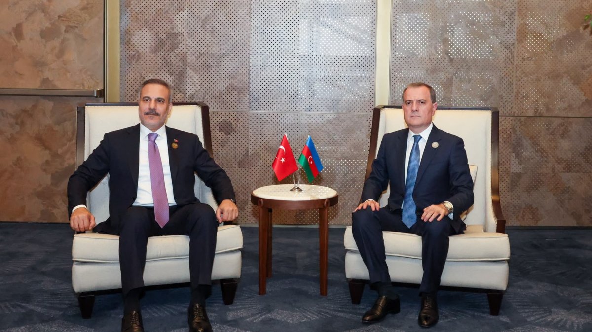 Foreign Minister Hakan Fidan meets with his Azerbaijani counterpart Jeyhun Bayramov on the sidelines of the 7th CICA Summit in Baku, Azerbaijan, Oct. 15, 2026. (Turkish Foreign Ministry via AA)