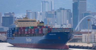 The South Korean container ship "Panstar Acro" is docked after completing a trial voyage along the Arctic shipping route at Busan Port, Busan, South Korea, Oct. 11, 2026. (AFP Photo)