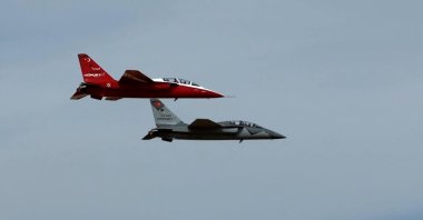 Hürjet aircraft produced by Turkish Aerospace Industries (TAI) is seen airborne at an undisclosed location in this photo shared on Sept. 16, 2026. (DHA Photo)