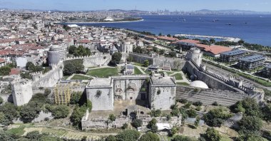 An aerial view of the Yedikule Fortress and the Golden Gate, a nearly 1,600-year-old monumental gateway within Istanbul’s historic land walls, Istanbul, Türkiye, Oct. 12, 2026. (AA Photo)
