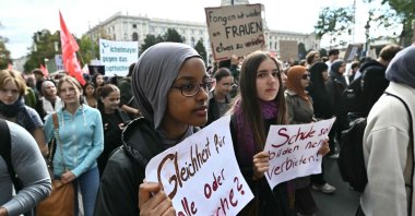 Young protesters take part in a demonstration against a headscarf ban in schools, on October 9, 2026 in Vienna, Austria. (AFP Photo)