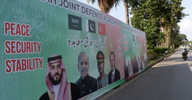 A billboard featuring (L-R) Saudi Crown Prince Mohammed bin Salman, Pakistan Prime Minister Shahbaz Sharif, Pakistan's Chief of Army Staff Syed Asim Munir and President Recep Tayyip Erdoğan is displayed on a road, Islamabad, Pakistan, Aug. 8, 2026. (EPA Photo)