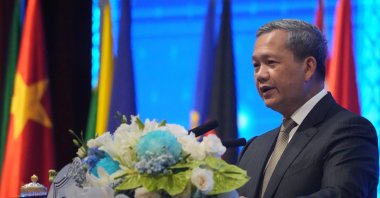 Cambodian Prime Minister Hun Manet delivers a speech at the opening of an international conference, Phnom Penh, Cambodia, Sept. 23, 2026. (AP Photo)