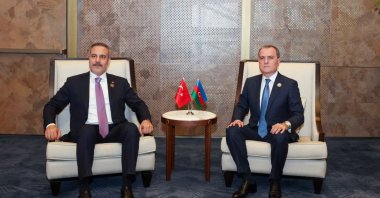 Foreign Minister Hakan Fidan meets with his Azerbaijani counterpart Jeyhun Bayramov on the sidelines of the 7th CICA Summit in Baku, Azerbaijan, Oct. 15, 2026. (Turkish Foreign Ministry via AA)