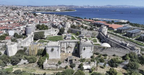 An aerial view of the Yedikule Fortress and the Golden Gate, a nearly 1,600-year-old monumental gateway within Istanbul’s historic land walls, Istanbul, Türkiye, Oct. 12, 2026. (AA Photo)