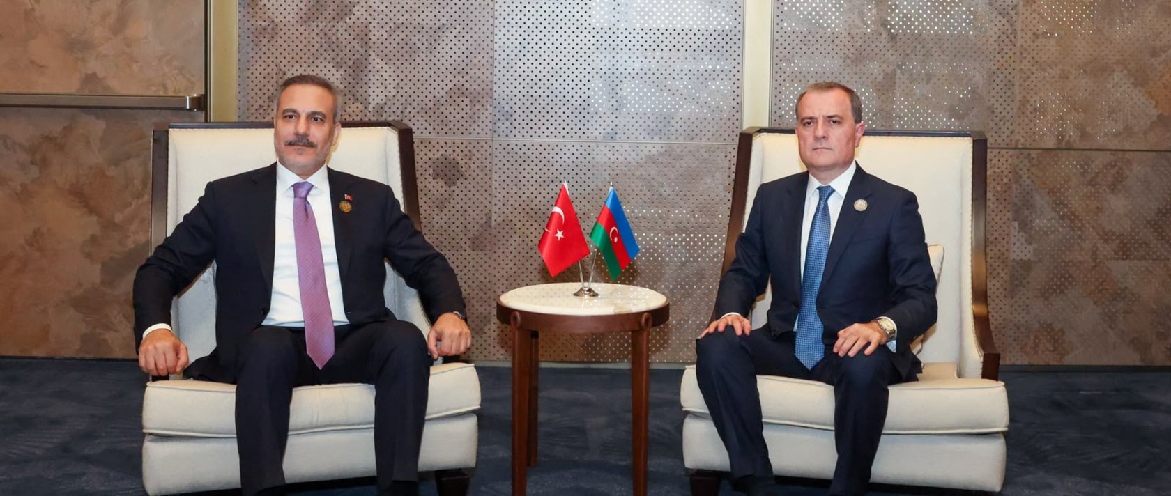 Foreign Minister Hakan Fidan meets with his Azerbaijani counterpart Jeyhun Bayramov on the sidelines of the 7th CICA Summit in Baku, Azerbaijan, Oct. 15, 2026. (Turkish Foreign Ministry via AA)