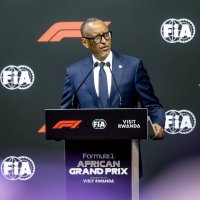 Rwanda's President Paul Kagame delivers remarks at the announcement of the Formula One African Grand Prix at BK Arena, Kigali, Rwanda, Oct. 13, 2026. (AFP Photo)