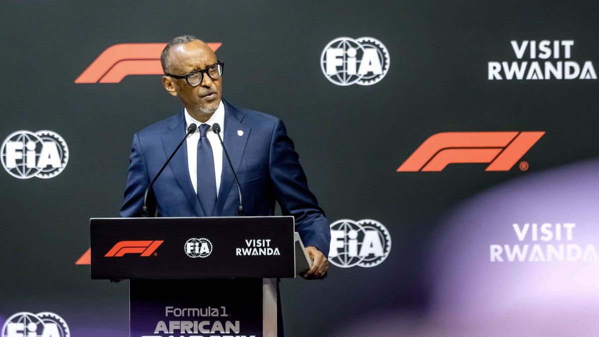 Rwanda's President Paul Kagame delivers remarks at the announcement of the Formula One African Grand Prix at BK Arena, Kigali, Rwanda, Oct. 13, 2026. (AFP Photo)