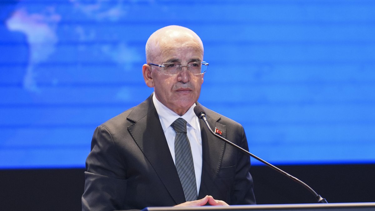 Treasury and Finance Minister Mehmet Şimşek speaks during a summit, Istanbul, Türkiye, Oct. 8, 2026. (AA Photo)