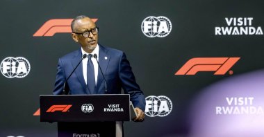 Rwanda's President Paul Kagame delivers remarks at the announcement of the Formula One African Grand Prix at BK Arena, Kigali, Rwanda, Oct. 13, 2026. (AFP Photo)