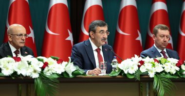 Vice President Cevdet Yılmaz (C) speaks at a ceremony to present the government's 2027 budget proposal, Ankara, Türkiye, Oct. 16, 2026. (AA Photo)