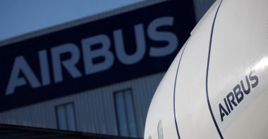 The logo of Airbus is pictured outside the Airbus facility in Saint-Nazaire, France, Nov. 7, 2023. (Reuters Photo)