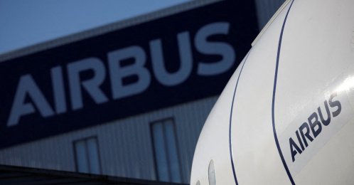 The logo of Airbus is pictured outside the Airbus facility in Saint-Nazaire, France, Nov. 7, 2023. (Reuters Photo)