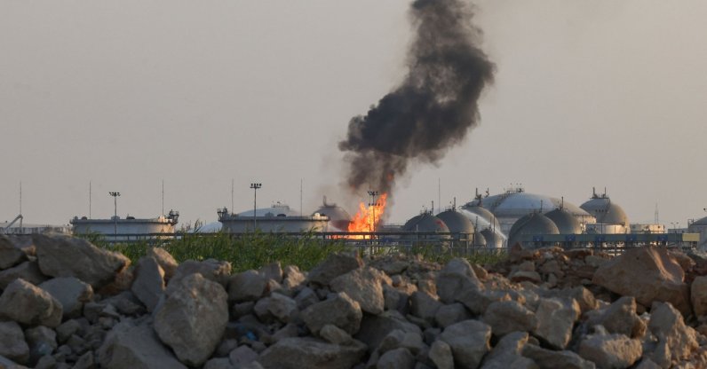 Flames burn at a facility belonging to Saudi oil giant Aramco south of Riyadh, Oct. 3, 2026. (AFP Photo)