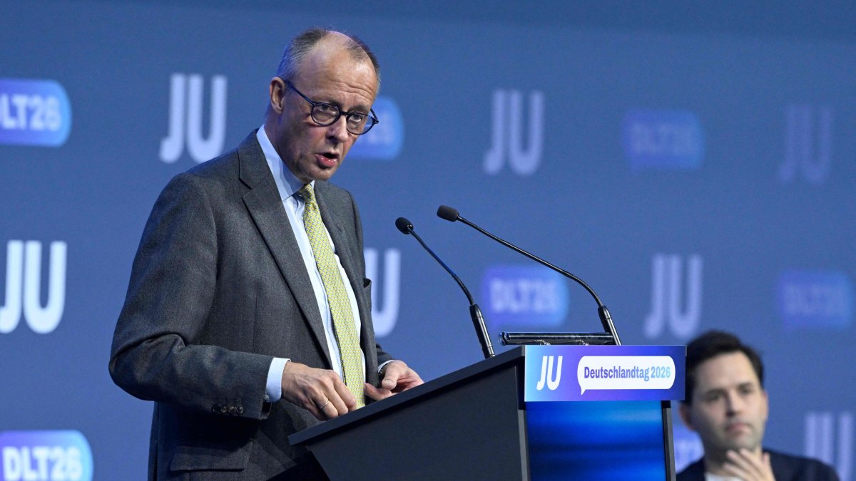 German Chancellor Friedrich Merz speaks at the Deutschlandtag congress of the Junge Union (JU), which is the youth organization of his conservative Christian Democratic Union (CDU) party, in Bonn, western Germany, Oct. 17, 2026. (AFP Photo)