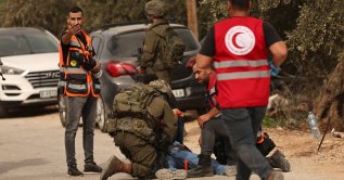Israeli soldiers surround a Palestinian farmer who was shot by the Israeli army following a settlers ramp up attack on families harvesting their olive trees in Abu Falah, West Bank, Oct. 16, 2026. (EPA Photo)