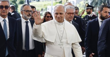 Pope Leo XIV (C) arrives at the Agostino Gemelli University Hospital, Rome, Italy, Oct. 13, 2026. (EPA Photo)