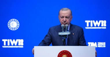 President Recep Tayyip Erdoğan speaks at the 13th Innovation Week, an event hosted by the Turkish Exporters Assembly (TİM) at the Haliç Congress Center, Istanbul, Türkiye, Oct. 16, 2026. (AA Photo)