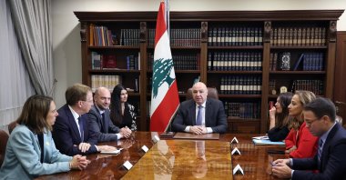 Lebanese President Joseph Aoun meets with France's Foreign Affairs Minister Jean-Noel Barrot (3-L) at the Presidential Palace in Baabda, east of Beirut, Lebanon, Oct. 17, 2026. (EPA Photo)
