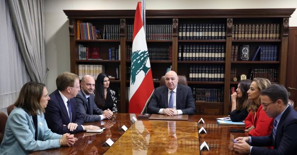 Lebanese President Joseph Aoun meets with France's Foreign Affairs Minister Jean-Noel Barrot (3-L) at the Presidential Palace in Baabda, east of Beirut, Lebanon, Oct. 17, 2026. (EPA Photo)