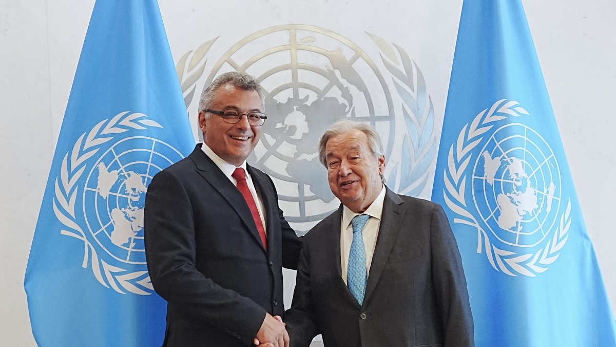 TRNC President Tufan Erhürman (L) shakes hands with U.N. Secretary-General Antonio Guterres during their meeting, New York, U.S., Sept. 26, 2026. (AA Photo)
